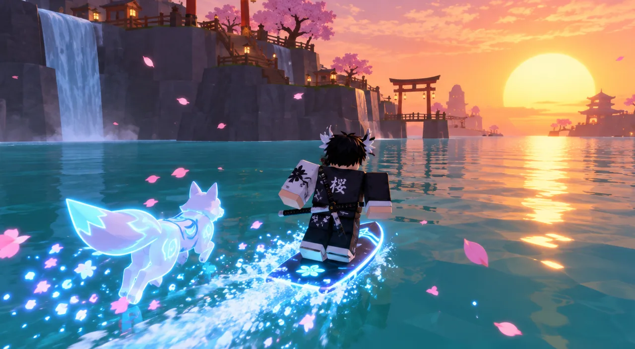 A player rides a glowing board across a turquoise sea at sunset, a crystal fox spirit running across the water beside them past waterfalls and torii gates.