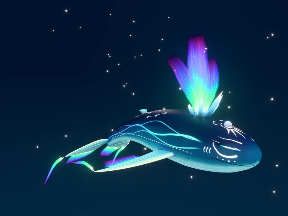 A deep blue spirit whale with glowing markings and an aurora-coloured crest, gliding through a starry sky.